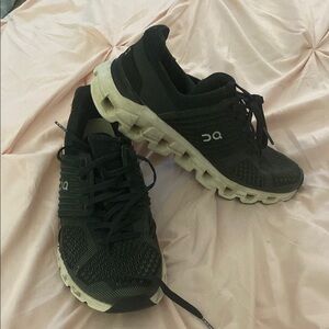 On Running Black and Cream Athletic Shoes On Cloud